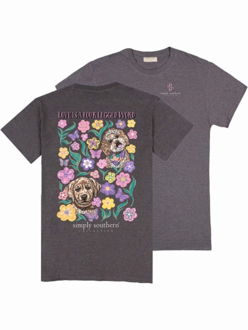 Simply Southern Charcoal Tee with Pastel Floral & Dogs